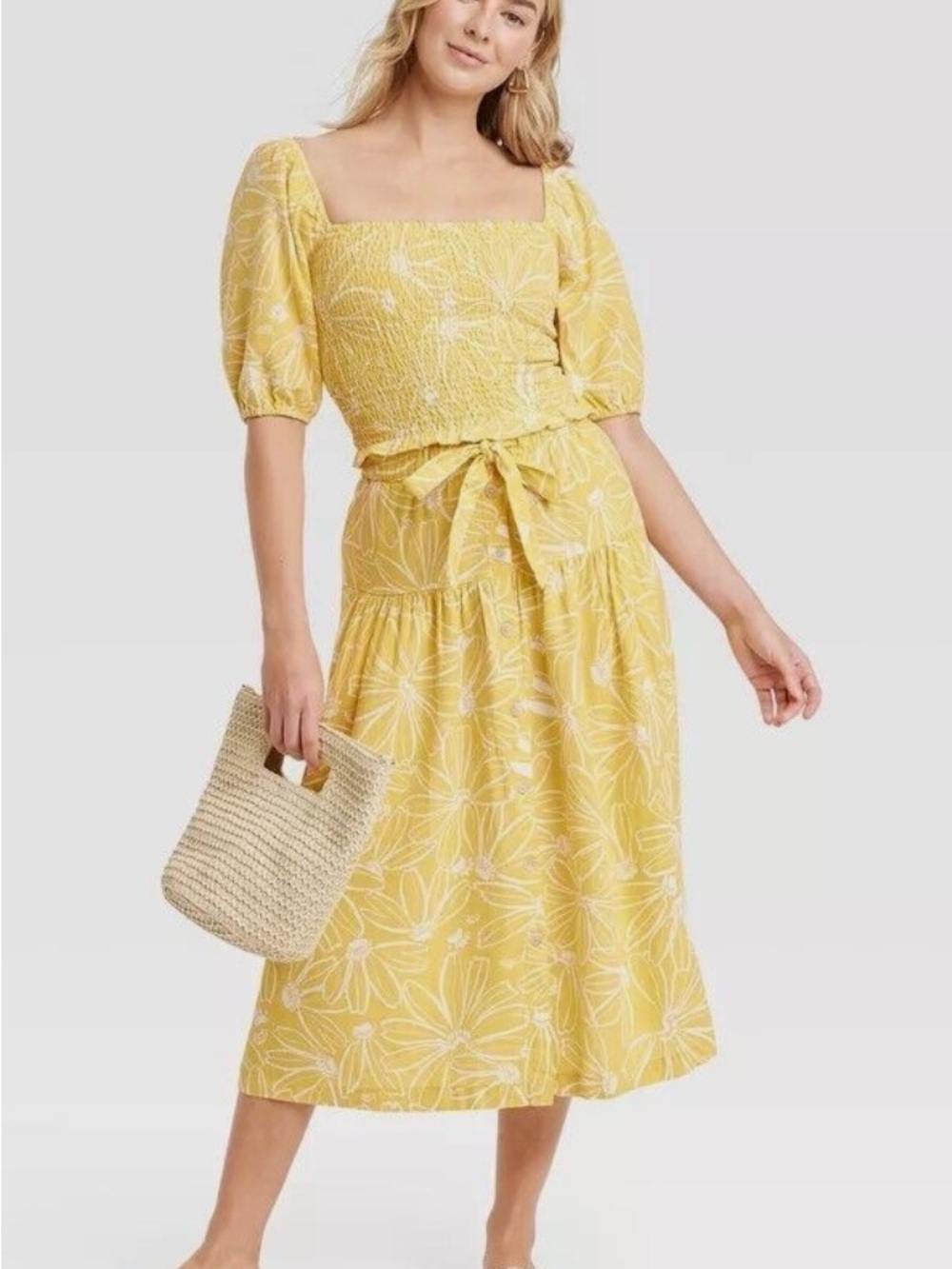 Skirt Set Tie Waist Button-Front Midi Skirt, Puff Sleeve Smocked top yellow S